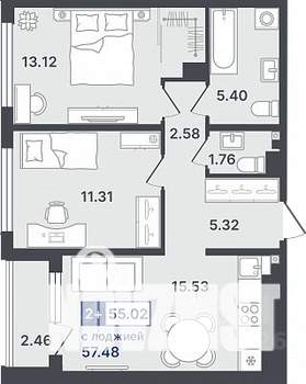 2-к квартира, строящийся дом, 55м2, 7/8 этаж
