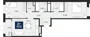 2-к квартира, вторичка, 66м2, 9/16 этаж