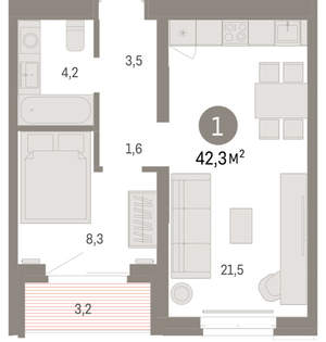 1-к квартира, вторичка, 42м2, 6/16 этаж