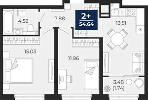 2-к квартира, вторичка, 55м2, 20/21 этаж