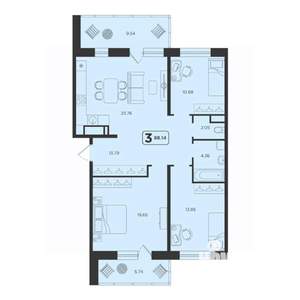 3-к квартира, строящийся дом, 88м2, 15/23 этаж