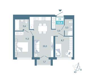 2-к квартира, строящийся дом, 54м2, 3/25 этаж
