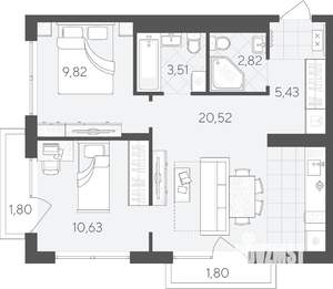 2-к квартира, строящийся дом, 56м2, 3/9 этаж