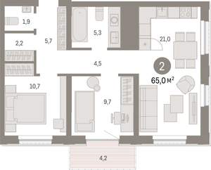 2-к квартира, вторичка, 65м2, 20/25 этаж