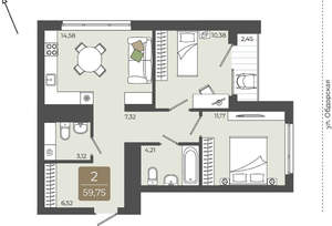 2-к квартира, вторичка, 60м2, 15/15 этаж