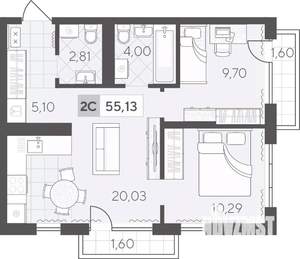 2-к квартира, вторичка, 55м2, 9/17 этаж