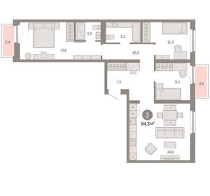 3-к квартира, вторичка, 94м2, 3/16 этаж