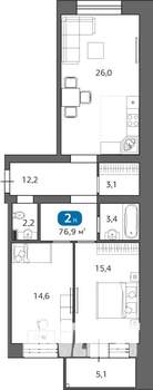 2-к квартира, строящийся дом, 77м2, 1/6 этаж