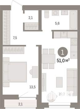 1-к квартира, вторичка, 51м2, 4/8 этаж