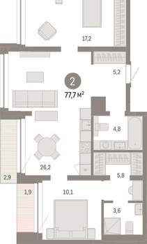 2-к квартира, вторичка, 78м2, 6/8 этаж
