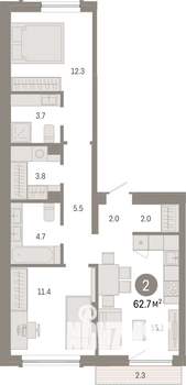 2-к квартира, вторичка, 63м2, 2/7 этаж