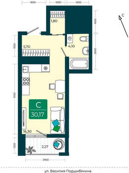 Студия квартира, сданный дом, 30м2, 18/23 этаж