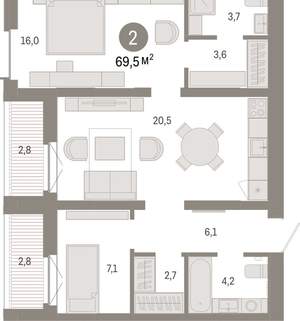 2-к квартира, вторичка, 69м2, 2/16 этаж
