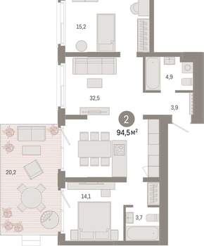 2-к квартира, вторичка, 95м2, 2/11 этаж