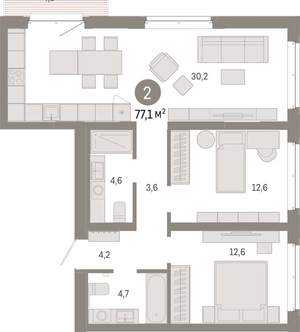 2-к квартира, вторичка, 77м2, 6/11 этаж