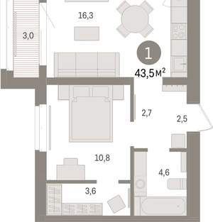 1-к квартира, вторичка, 43м2, 5/16 этаж