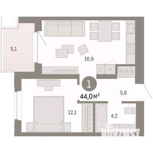 1-к квартира, вторичка, 44м2, 4/11 этаж