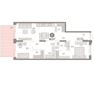 2-к квартира, вторичка, 98м2, 1/16 этаж