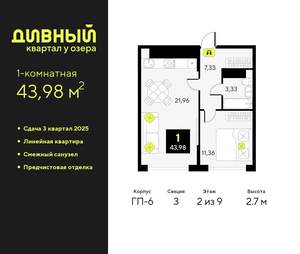 1-к квартира, вторичка, 44м2, 2/17 этаж