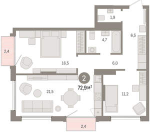 2-к квартира, вторичка, 73м2, 16/17 этаж