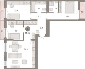 3-к квартира, вторичка, 91м2, 5/7 этаж