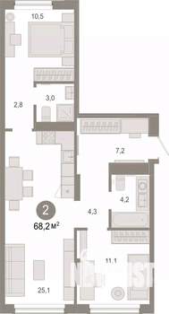 2-к квартира, вторичка, 68м2, 2/7 этаж