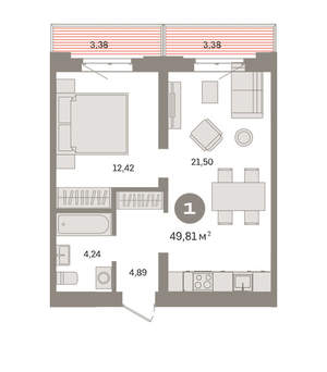 1-к квартира, вторичка, 50м2, 4/8 этаж