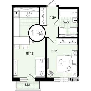 1-к квартира, вторичка, 40м2, 2/4 этаж