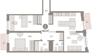 2-к квартира, вторичка, 83м2, 5/10 этаж