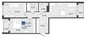 2-к квартира, строящийся дом, 64м2, 2/8 этаж