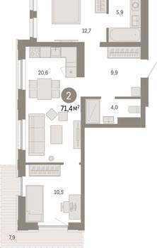 2-к квартира, вторичка, 71м2, 7/25 этаж