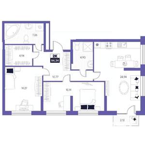 2-к квартира, строящийся дом, 84м2, 17/24 этаж