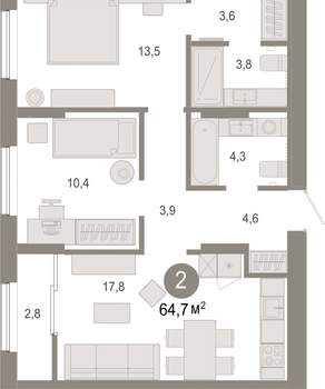 2-к квартира, вторичка, 65м2, 17/17 этаж