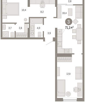 3-к квартира, вторичка, 71м2, 9/17 этаж