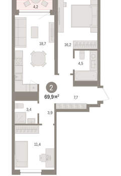 2-к квартира, вторичка, 70м2, 2/8 этаж