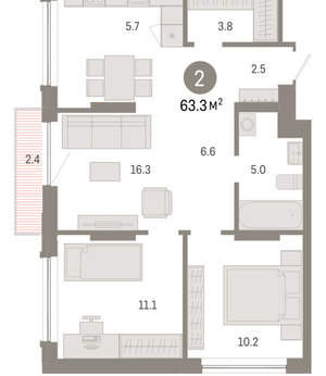2-к квартира, вторичка, 63м2, 6/8 этаж