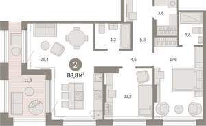 2-к квартира, вторичка, 89м2, 17/17 этаж