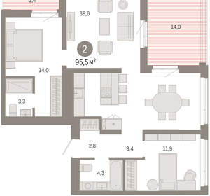 2-к квартира, вторичка, 95м2, 9/25 этаж