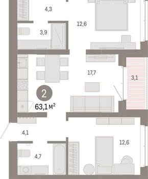 2-к квартира, вторичка, 63м2, 6/11 этаж