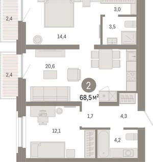 2-к квартира, вторичка, 69м2, 5/16 этаж