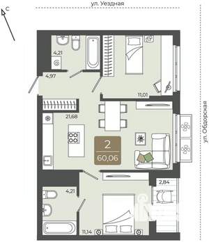 2-к квартира, вторичка, 60м2, 10/15 этаж