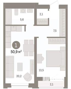 1-к квартира, вторичка, 51м2, 4/10 этаж