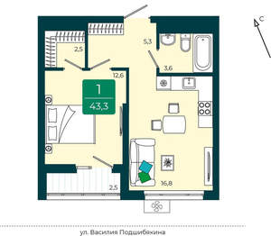 1-к квартира, вторичка, 43м2, 7/17 этаж