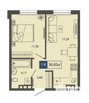 1-к квартира, строящийся дом, 37м2, 1/4 этаж