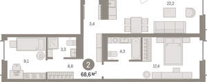 2-к квартира, вторичка, 69м2, 4/16 этаж