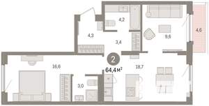 2-к квартира, вторичка, 64м2, 8/8 этаж