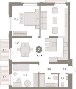 2-к квартира, вторичка, 86м2, 14/16 этаж