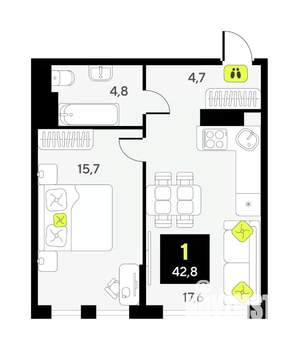 1-к квартира, вторичка, 43м2, 15/17 этаж