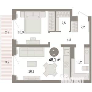 1-к квартира, вторичка, 48м2, 3/16 этаж