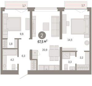 2-к квартира, вторичка, 68м2, 3/16 этаж